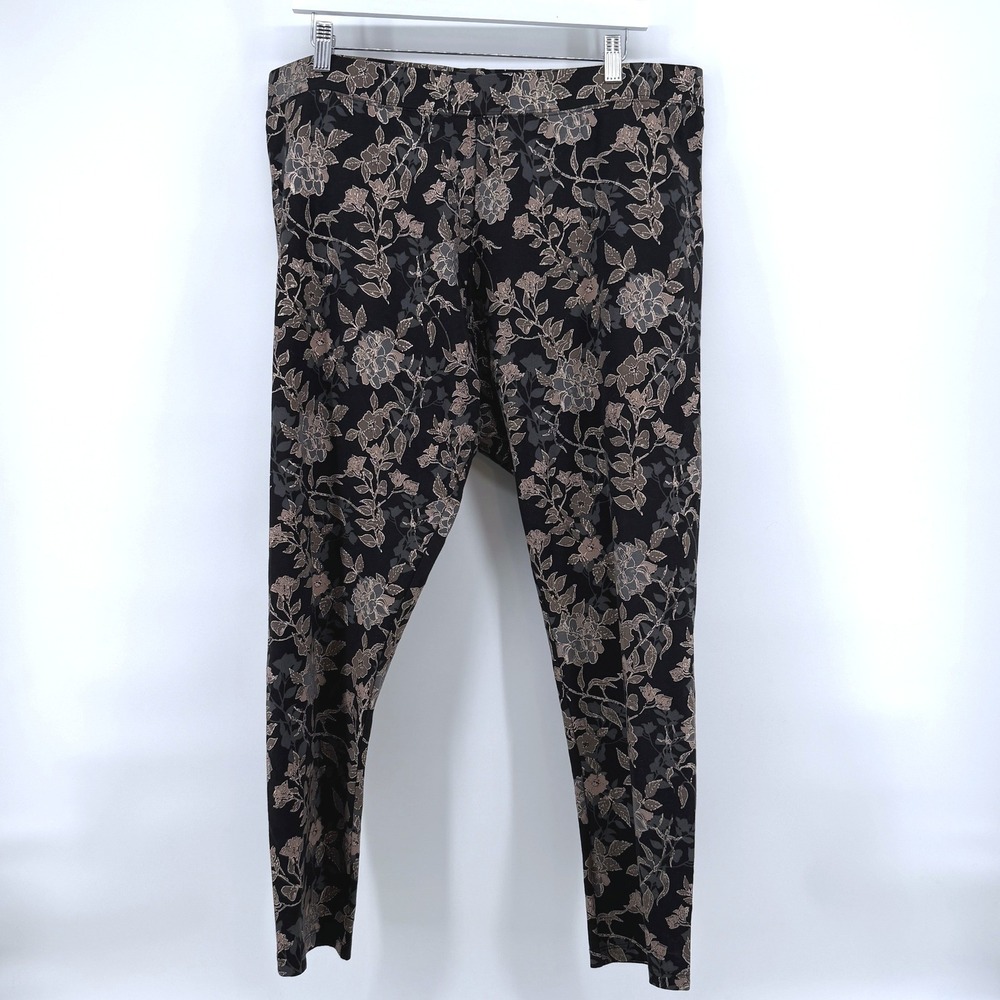 Soft Surroundings Leggings Floral Print 1X Black Gold Men‎ Stretch Pants Casual